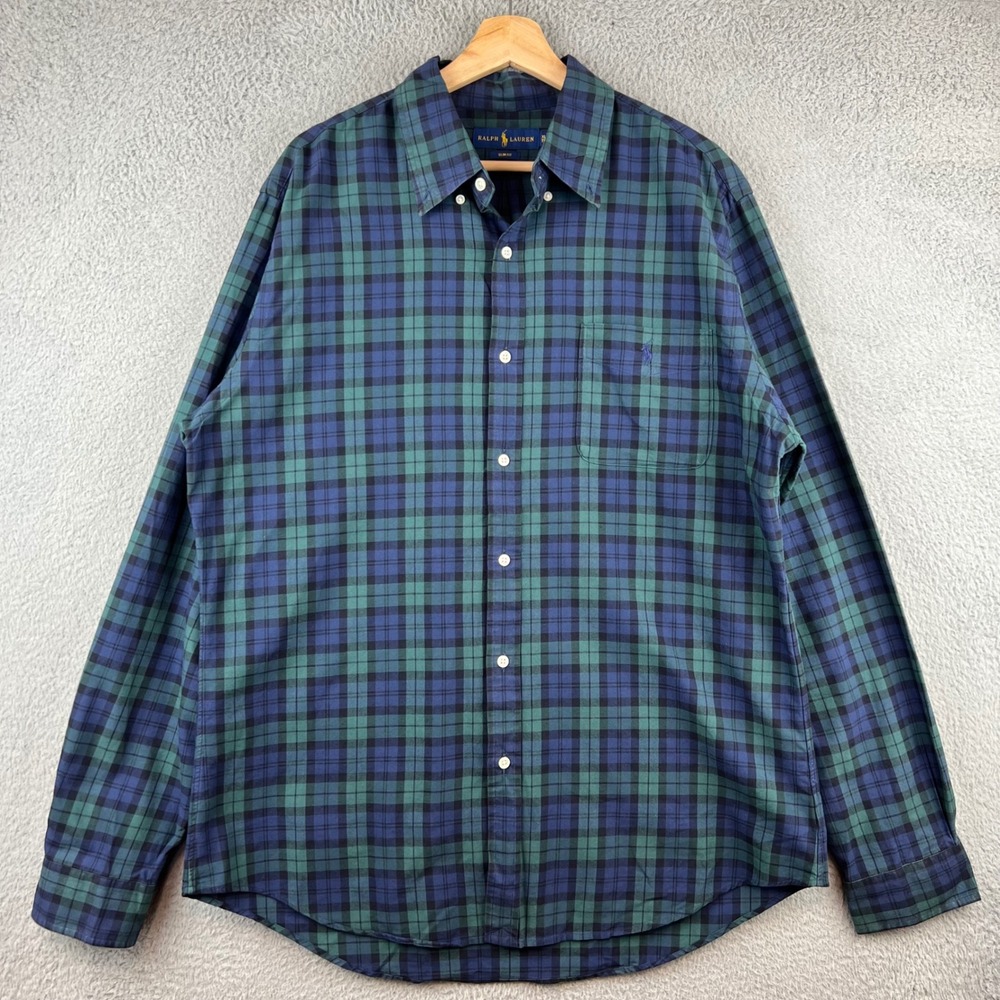 Ralph Lauren Slim‎ Fit Plaid Button Down Shirt Men's XL Tall Blue Green